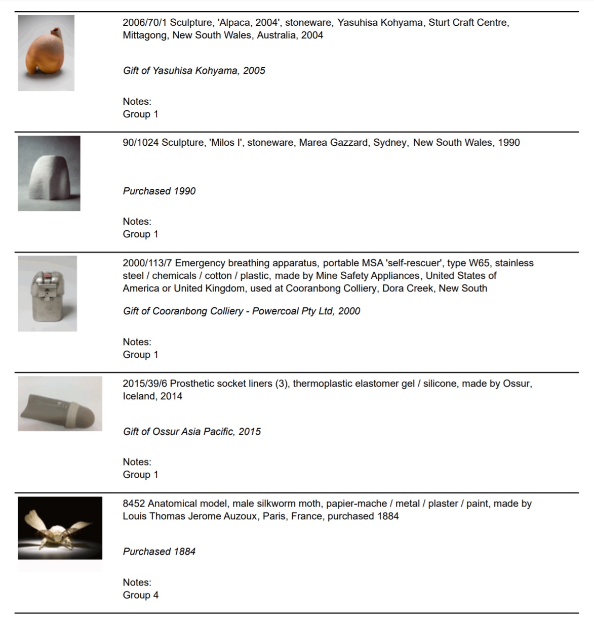 A screenshot of a pdf showing a sample from the object list in the format for distribution amongst the project team. The pdf shows an image, object details and source/credit line information for 5 objects including ceramic artworks, an emergency breathing apparatus, a silicone prosthetic socket liner and an anatomical model of a silkworm moth
